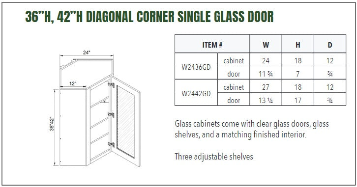 36”H, 42”H DIAGONAL CORNER SINGLE GLASS DOOR