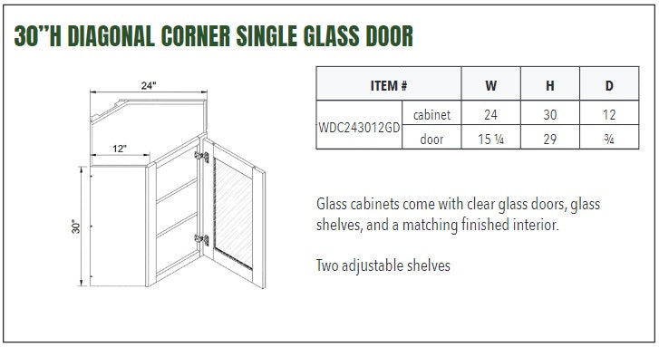 30”H DIAGONAL CORNER SINGLE GLASS DOOR